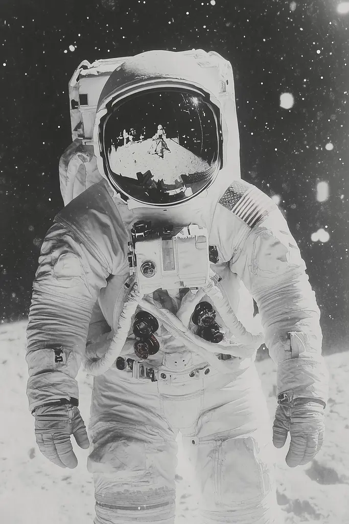 Midjourney generated image using SREF code Ethereal Dusk: A black and white photo of an astronaut on the moon.