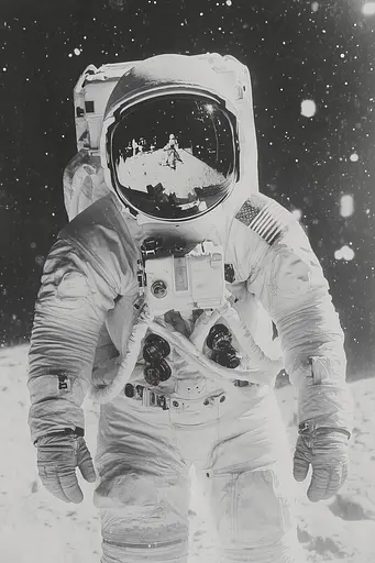 Midjourney generated image using SREF code Ethereal Dusk: A black and white photo of an astronaut on the moon.