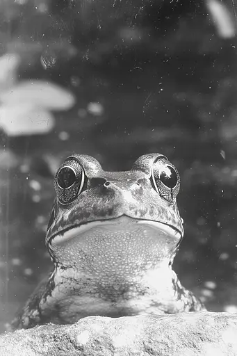 Midjourney generated image using SREF code Ethereal Dusk: A black and white photo of a frog sitting on a rock.