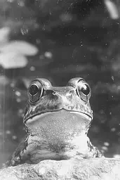 Midjourney generated image using SREF code Ethereal Dusk: A black and white photo of a frog sitting on a rock.