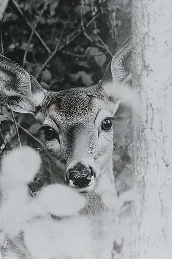 Midjourney generated image using SREF code Ethereal Dusk: A black and white photo of a deer peeking out from behind a tree.