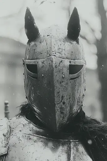 Midjourney generated image using SREF code Ethereal Dusk: A black and white photo of a knight wearing a helmet.