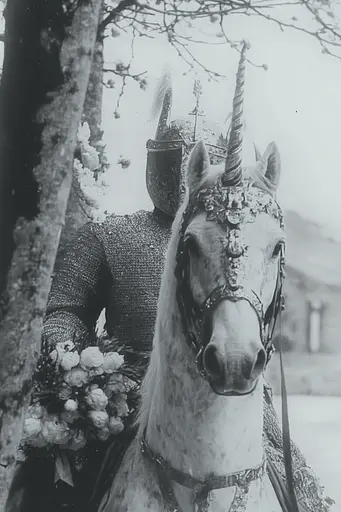 Midjourney generated image using SREF code Ethereal Dusk: A man in armor riding on the back of a white horse.