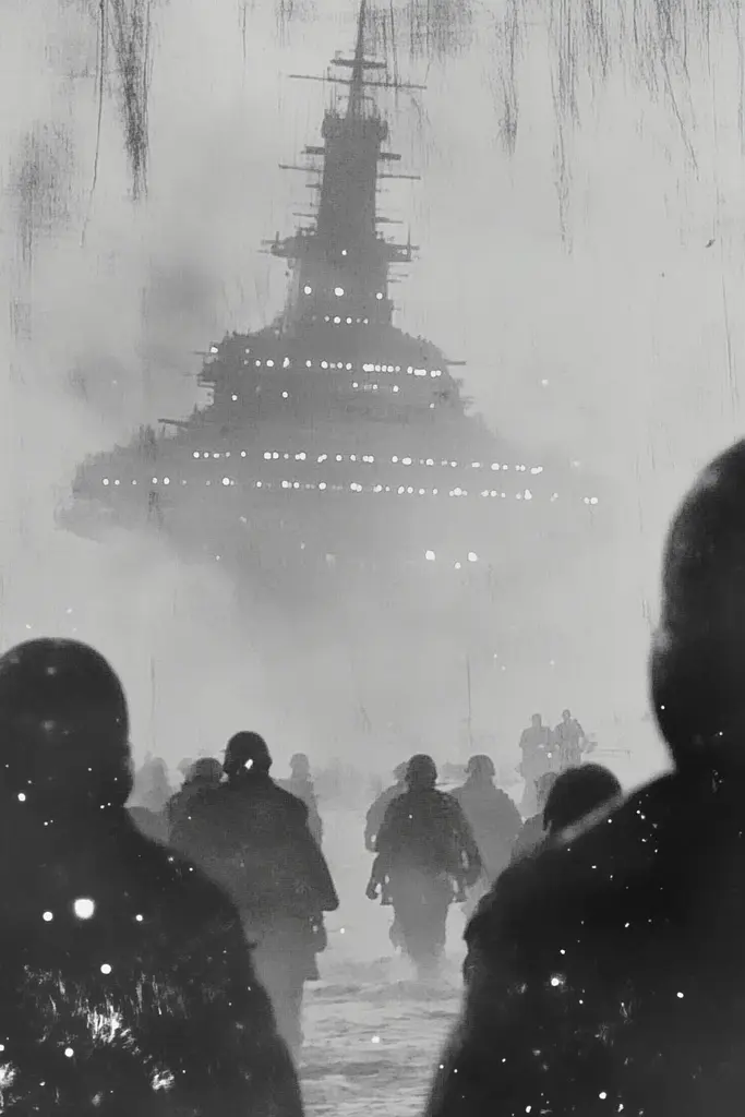 Midjourney generated image using SREF code Ethereal Dusk: A black and white photo of a large battleship in the water.