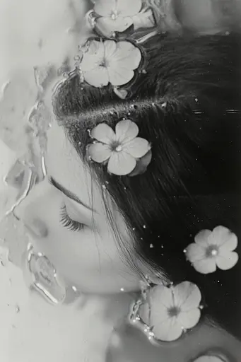 Midjourney generated image using SREF code Ethereal Dusk: A woman with flowers in her hair in the water.