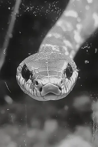 Midjourney generated image using SREF code Ethereal Dusk: A black and white photo of a snake in the water.