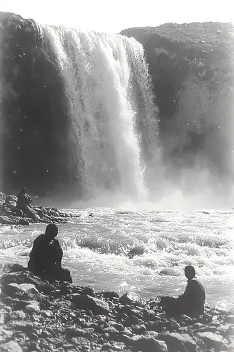 Midjourney generated image using SREF code Ethereal Dusk: A couple of people sitting in front of a waterfall.