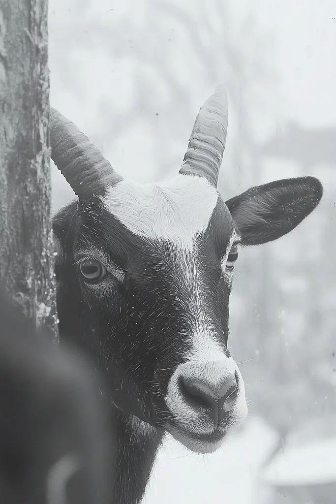 Midjourney generated image using SREF code Ethereal Dusk: A black and white photo of a goat looking at the camera.