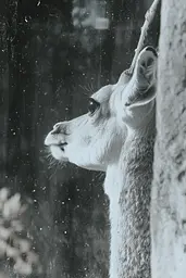 Midjourney generated image using SREF code Ethereal Dusk: A black and white photo of a deer looking out a window.