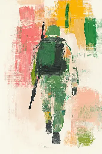 Midjourney generated image using SREF code Fluid Whirl: A painting of a soldier walking with a rifle.