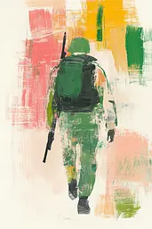 Midjourney generated image using SREF code Fluid Whirl: A painting of a soldier walking with a rifle.