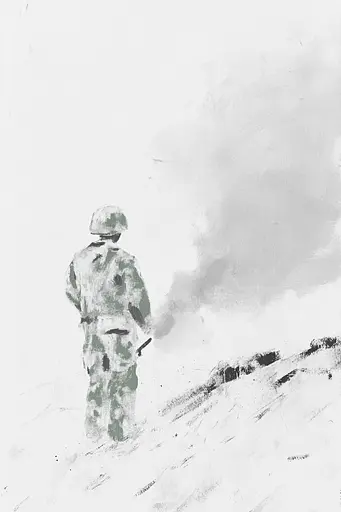 Midjourney generated image using SREF code Fluid Whirl: A painting of a soldier walking in the snow.