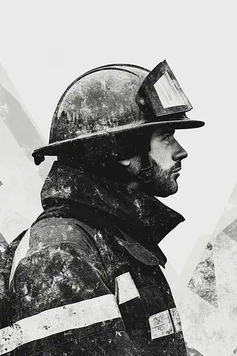 Midjourney generated image using SREF code Monochrome Fusion: A man wearing a fireman's helmet standing in front of a wall.