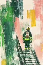 Midjourney generated image using SREF code Fluid Whirl: A painting of a firefighter walking up a set of stairs.