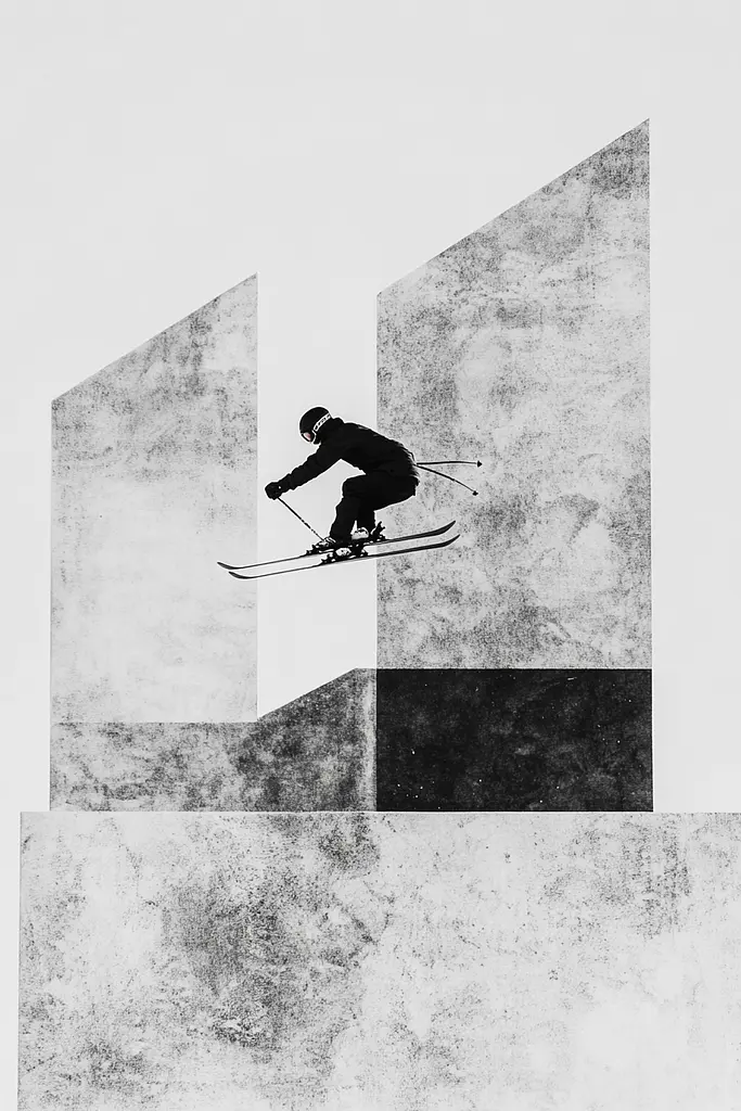 Midjourney generated image using SREF code Monochrome Fusion: A person on skis jumping over a concrete wall.