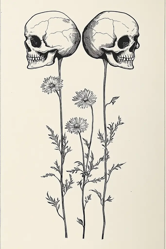 Midjourney generated image using SREF code Paradoxical Eclipse: A drawing of two skulls and a flower.