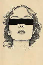 Midjourney generated image using SREF code Paradoxical Eclipse: A drawing of a woman with a blindfold on her face.