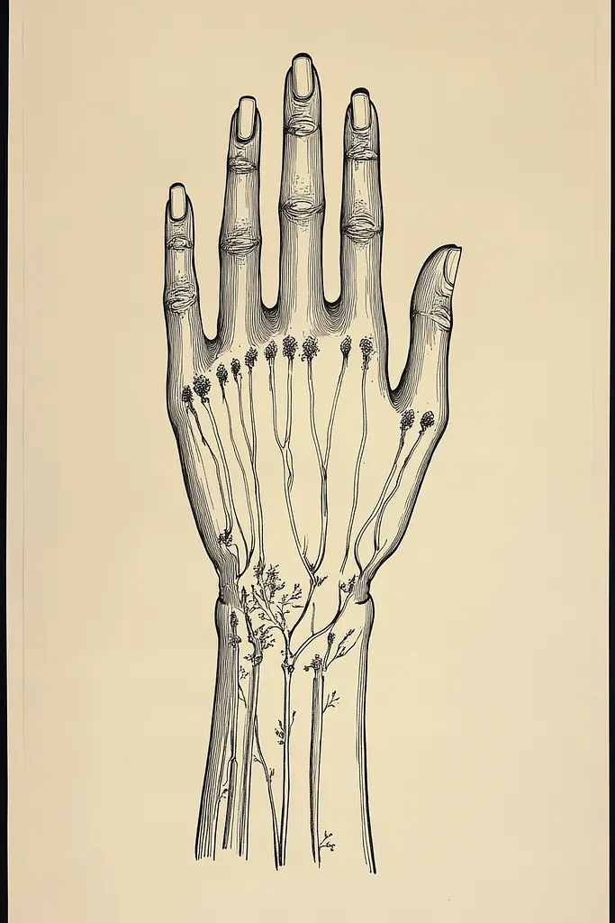 Midjourney generated image using SREF code Paradoxical Eclipse: A black and white drawing of a hand with veins.