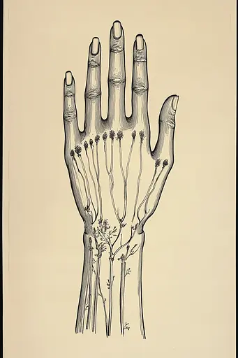 Midjourney generated image using SREF code Paradoxical Eclipse: A black and white drawing of a hand with veins.