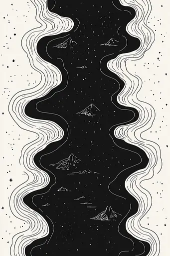 Midjourney generated image using SREF code Paradoxical Eclipse: A black and white illustration of a mountain landscape.