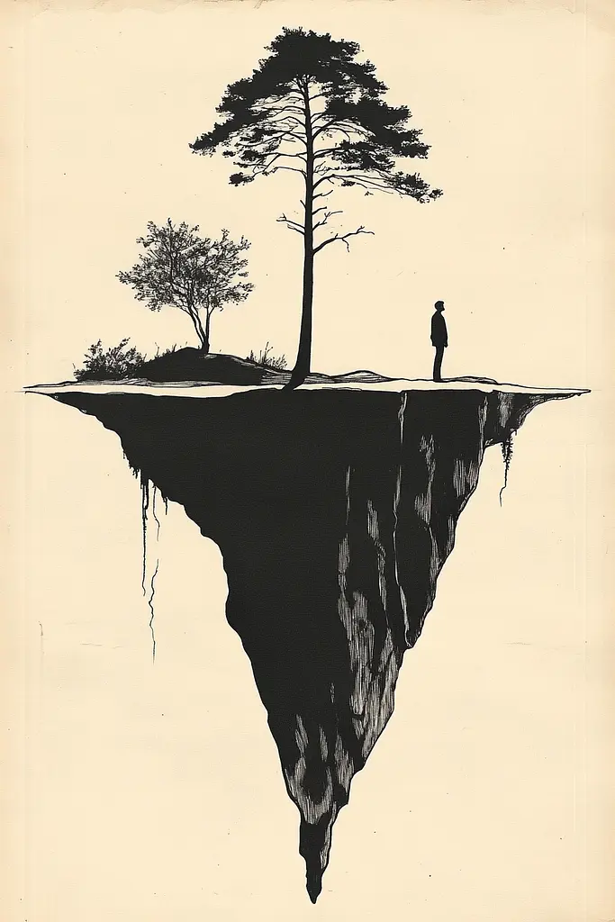 Midjourney generated image using SREF code Paradoxical Eclipse: A man standing on top of a cliff next to a tree.