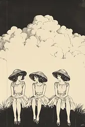 Midjourney generated image using SREF code Paradoxical Eclipse: A black and white illustration of three girls sitting on a hill.