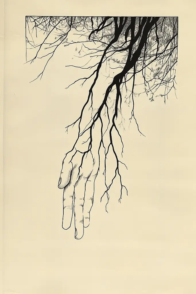 Midjourney generated image using SREF code Paradoxical Eclipse: A black and white drawing of a hand reaching for a tree.