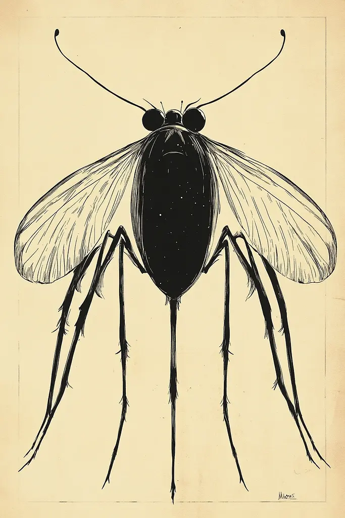 Midjourney generated image using SREF code Paradoxical Eclipse: A black and white drawing of a mosquito.