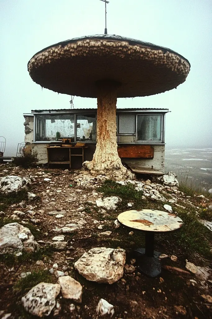 Midjourney generated image using SREF code Transient Reality: A mushroom shaped building with a cross on top of it.