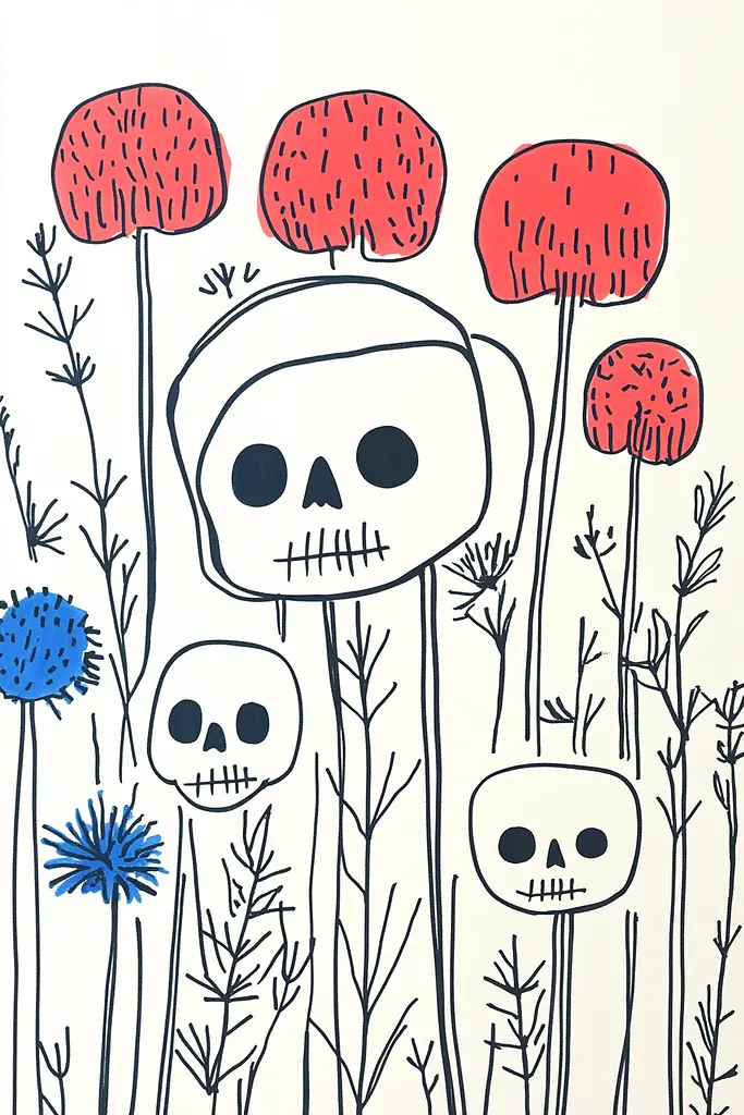 Midjourney generated image using SREF code Quirky Lines: A drawing of a group of skulls in a field of flowers.