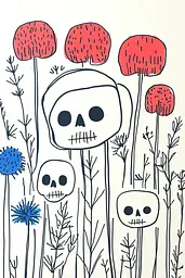 Midjourney generated image using SREF code Quirky Lines: A drawing of a group of skulls in a field of flowers.