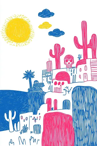 Midjourney generated image using SREF code Quirky Lines: A drawing of a desert landscape with cacti and buildings.