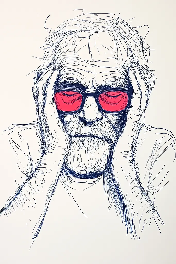 Midjourney generated image using SREF code Quirky Lines: A drawing of a man with red glasses covering his face.