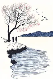 Midjourney generated image using SREF code Quirky Lines: A drawing of two people standing under a tree by the water.