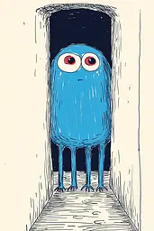 Midjourney generated image using SREF code Quirky Lines: A drawing of a blue monster standing in a doorway.