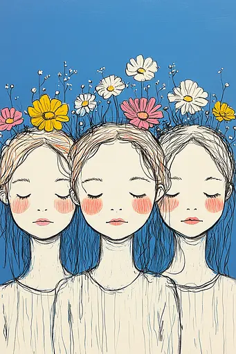 Midjourney generated image using SREF code Quirky Lines: A drawing of three girls with flowers in their hair.