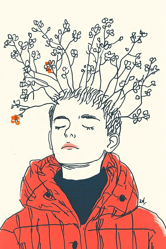 Midjourney generated image using SREF code Quirky Lines: A drawing of a boy with a tree on his head.