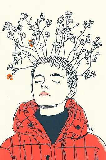 Midjourney generated image using SREF code Quirky Lines: A drawing of a boy with a tree on his head.