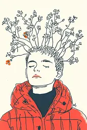 Midjourney generated image using SREF code Quirky Lines: A drawing of a boy with a tree on his head.