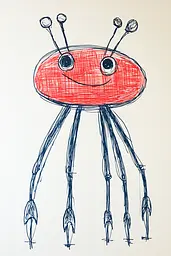 Midjourney generated image using SREF code Quirky Lines: A drawing of a red crab with big eyes.