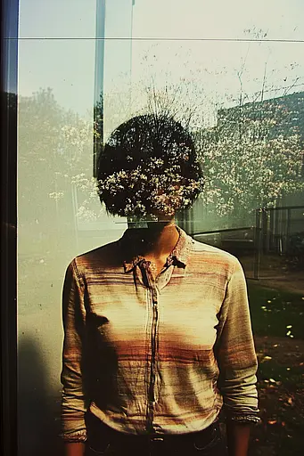 Midjourney generated image using SREF code Transient Reality: A woman standing in front of a window with her head covered in flowers.