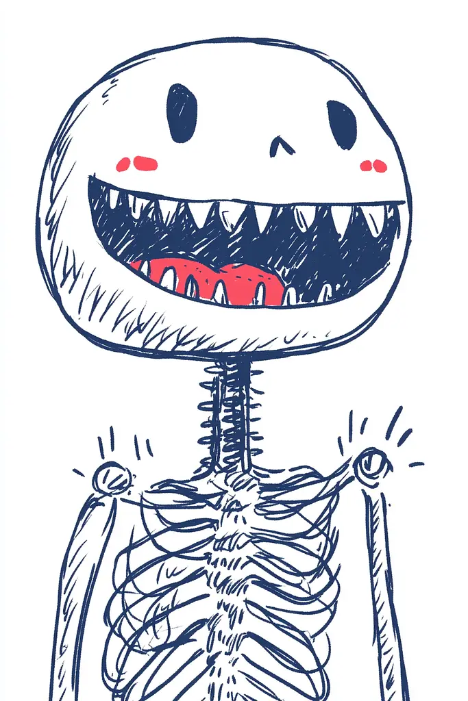 Midjourney generated image using SREF code Quirky Lines: A drawing of a skeleton with a big smile on its face.