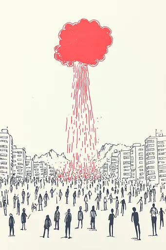 Midjourney generated image using SREF code Quirky Lines: A drawing of a large explosion in the middle of a city.