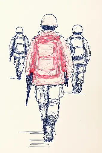 Midjourney generated image using SREF code Quirky Lines: A drawing of a group of soldiers walking down a street.