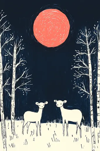 Midjourney generated image using SREF code Quirky Lines: A drawing of two deer standing in a field with a full moon in the background.