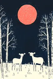 Midjourney generated image using SREF code Quirky Lines: A drawing of two deer standing in a field with a full moon in the background.