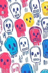 Midjourney generated image using SREF code Quirky Lines: A pattern of colorful skulls on a white background.