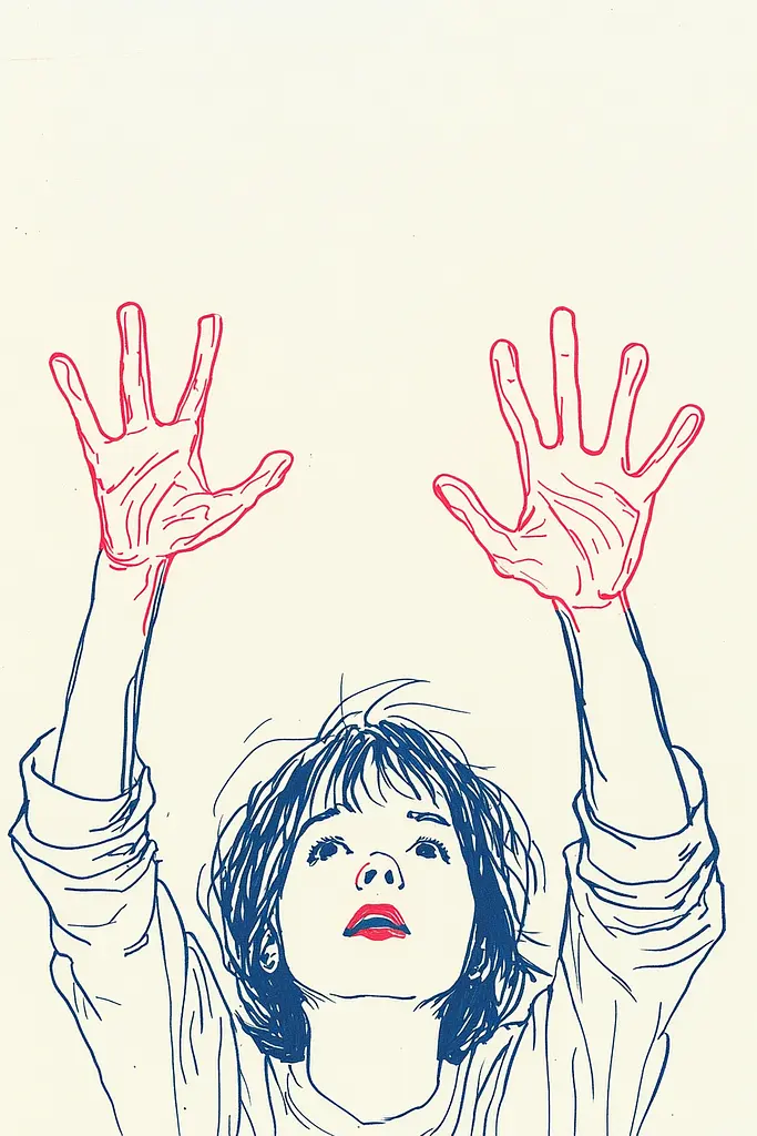 Midjourney generated image using SREF code Quirky Lines: A drawing of a woman with her hands up in the air.