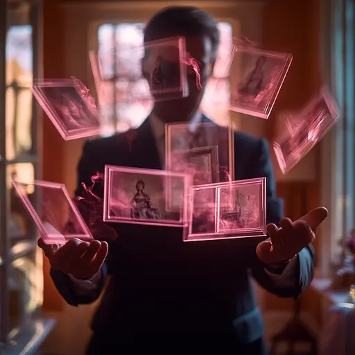 Midjourney generated image using SREF code Velvet Aura: A man in a suit holding a bunch of pictures in his hands.