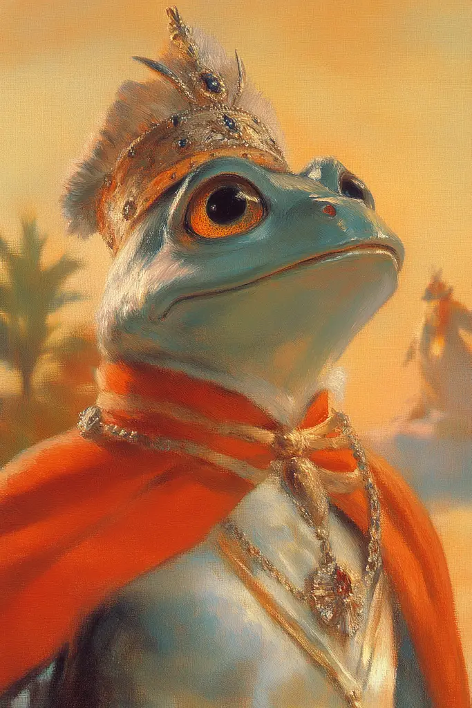 Midjourney generated image using SREF code Mythic Enchantement: A painting of a frog wearing a crown and a red scarf.